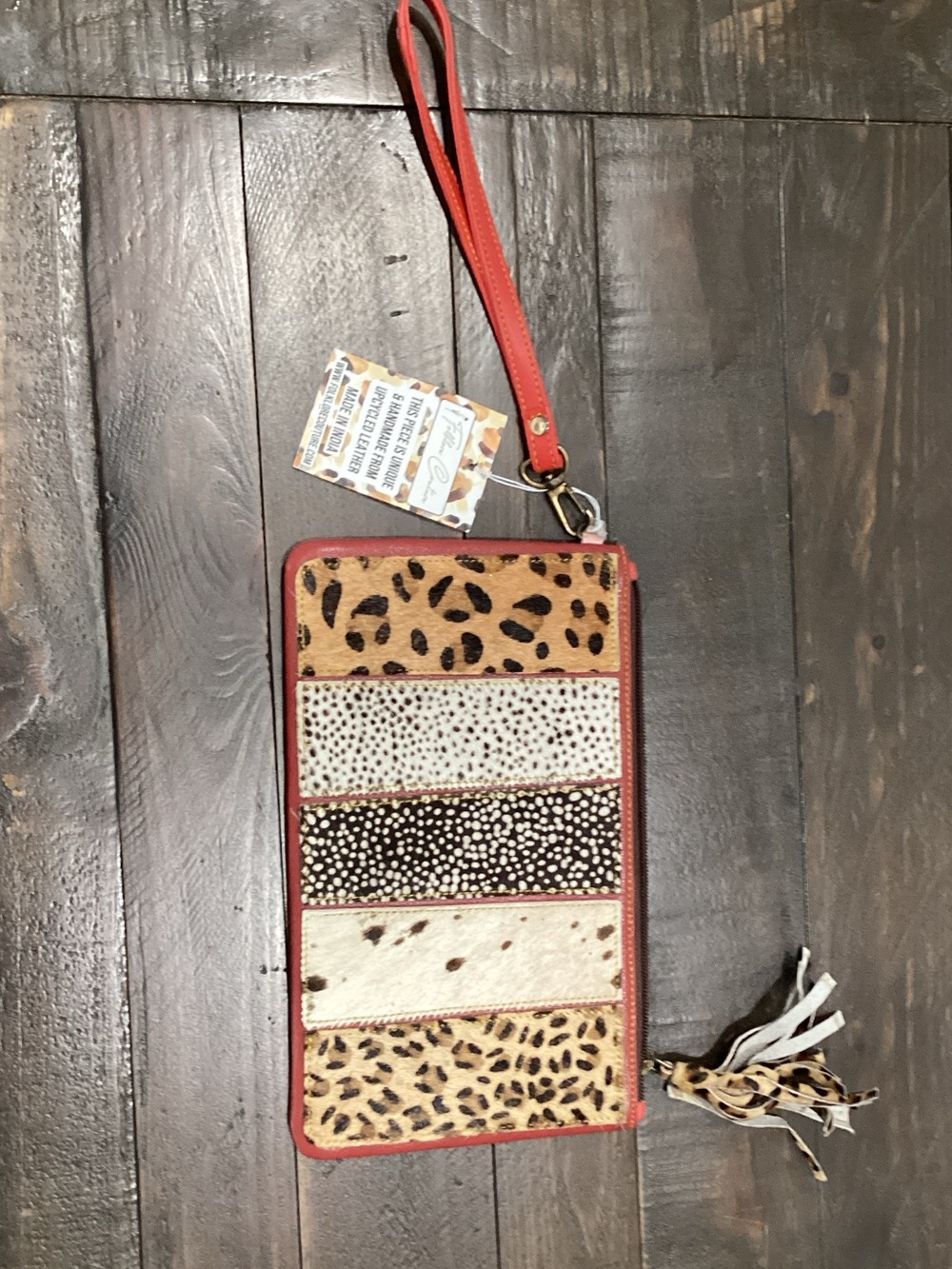 Red Trim Animal Print Patchwork Wristlet